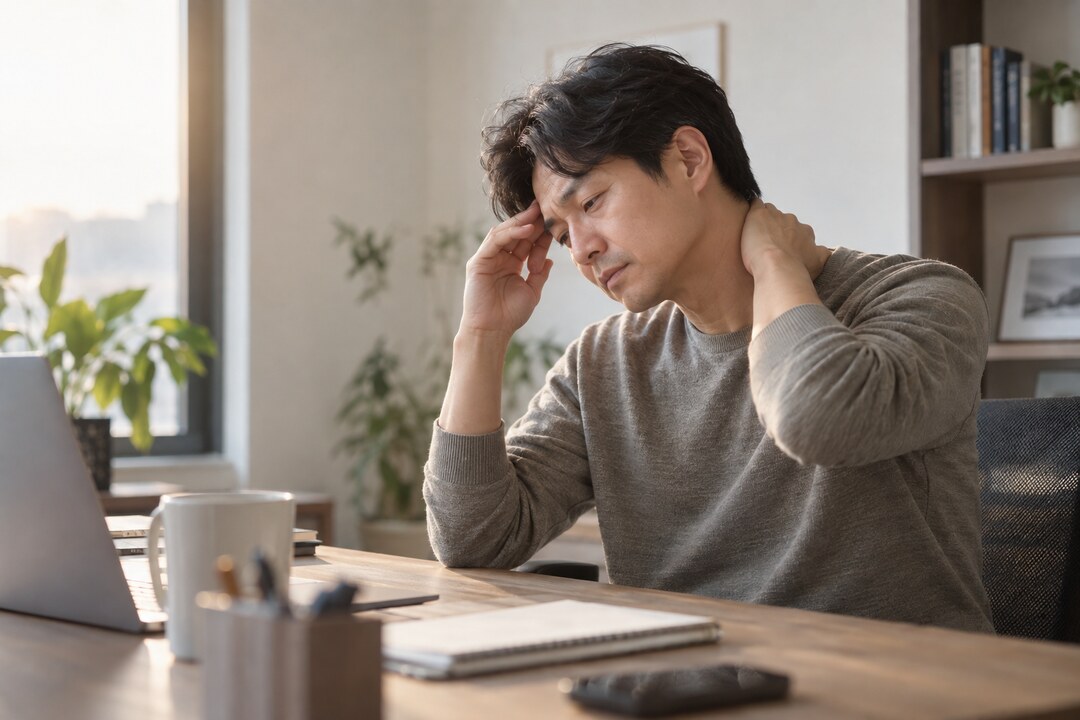 뒷목이 뻣뻣하고 머리가 조이는 두통을 느끼는 직장인