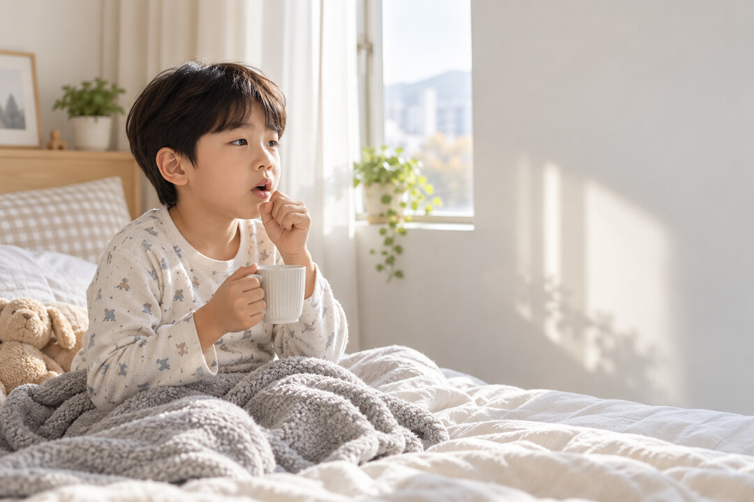 감기 후 기침이 남아 따뜻한 물을 마시는 아이