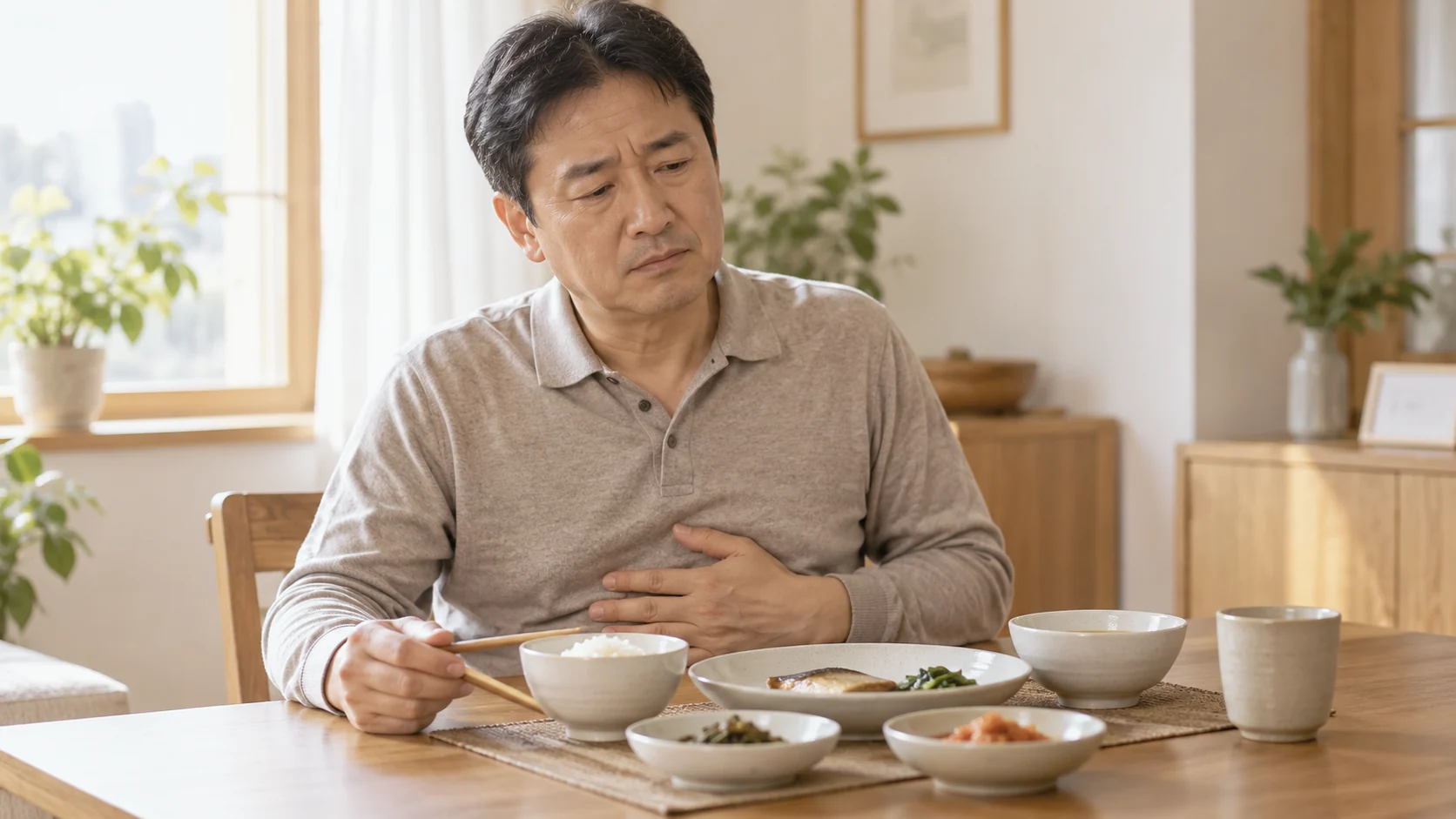식사 중 더부룩함과 조기 포만감을 느끼는 성인