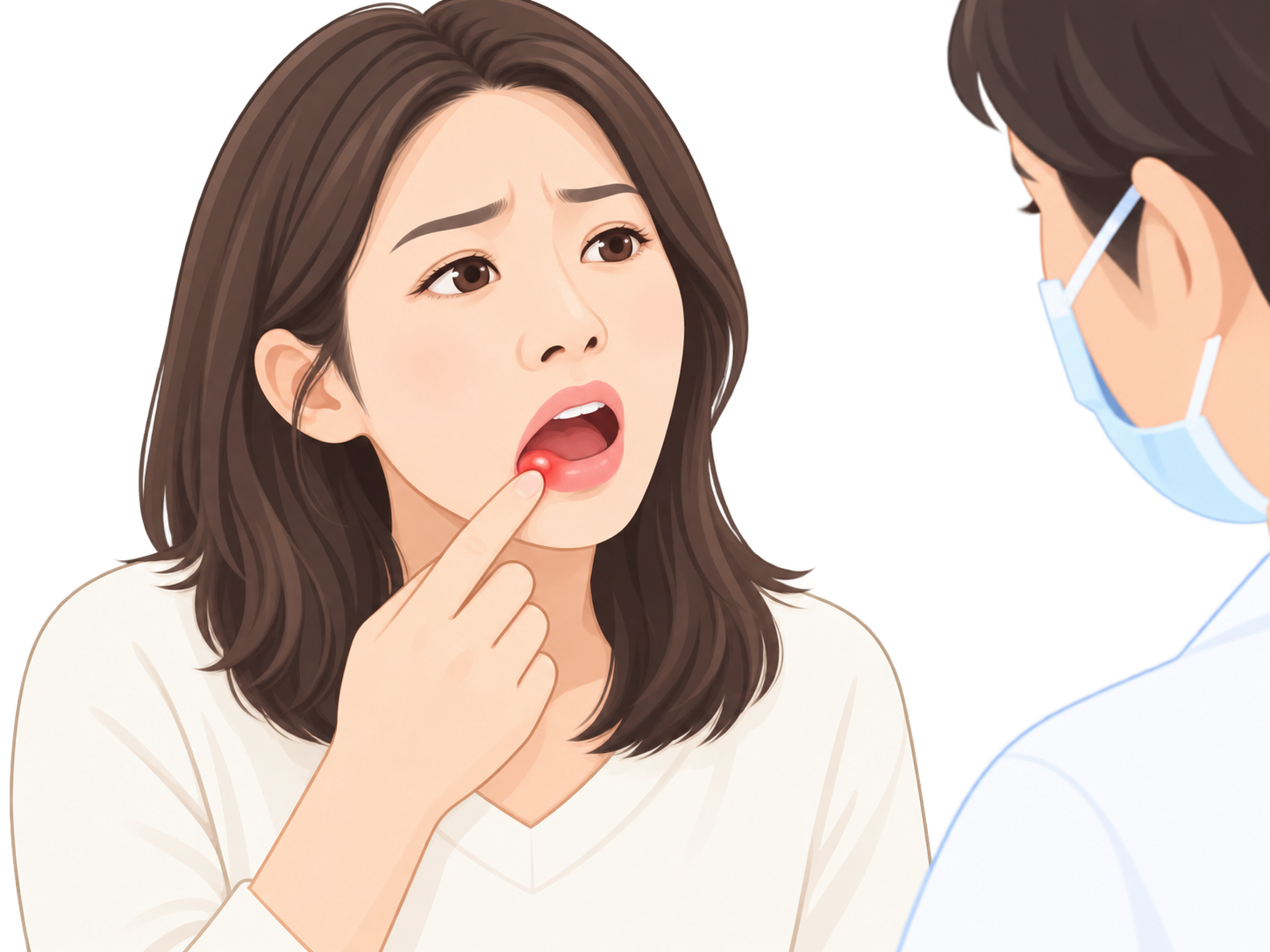 입술 통증 부위를 가리키며 한의사에게 진료받는 환자 일러스트