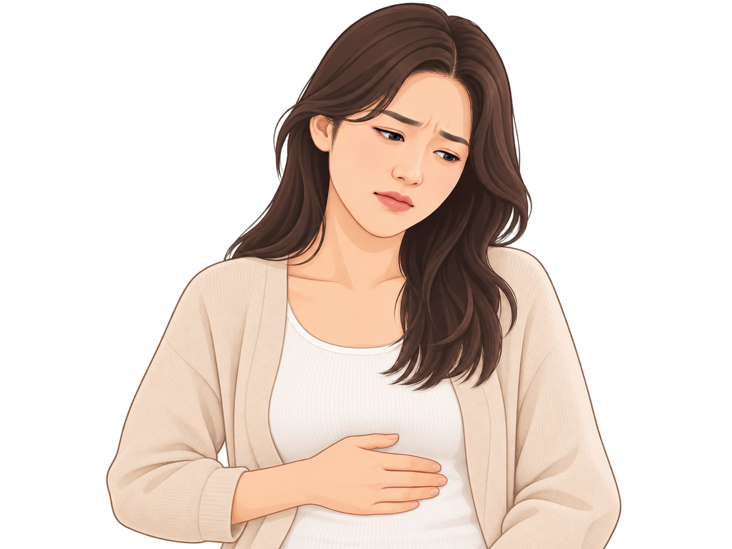 명치와 윗배의 불편감을 느끼는 여성 일러스트